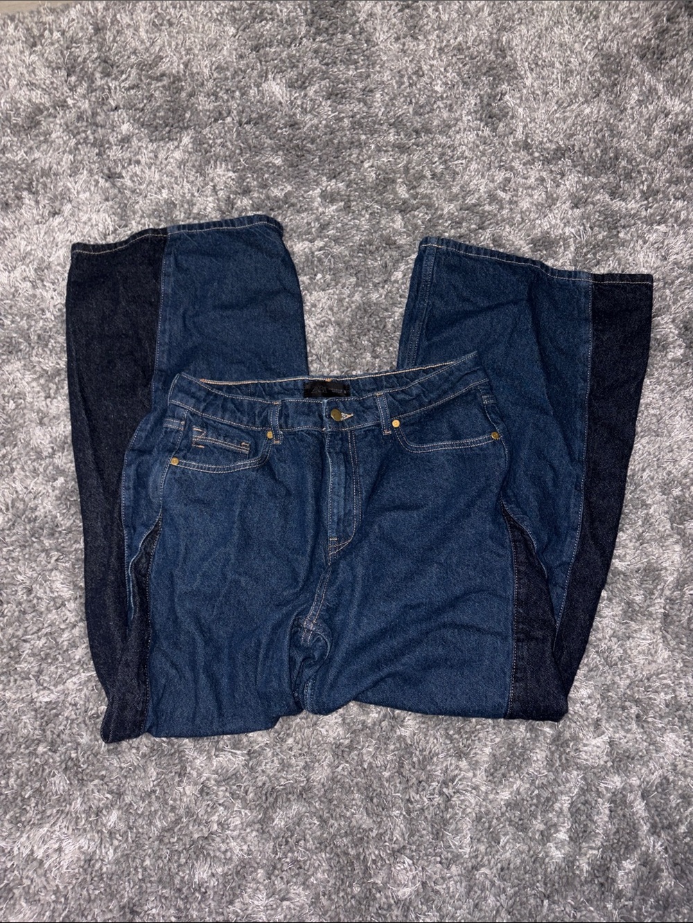 Zara women’s Two-Tone Patchwork Dark Blue Jeans wide leg